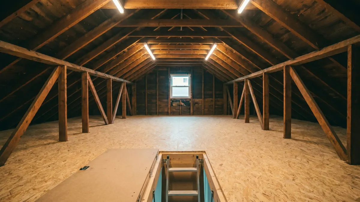 A boarded loft with lighting and a loft ladder, from the Xtraspace Lofts website