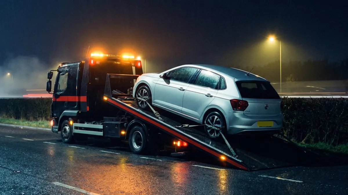 A recovery truck loading a car at night, from the Yorkshire Recovery & Transport website