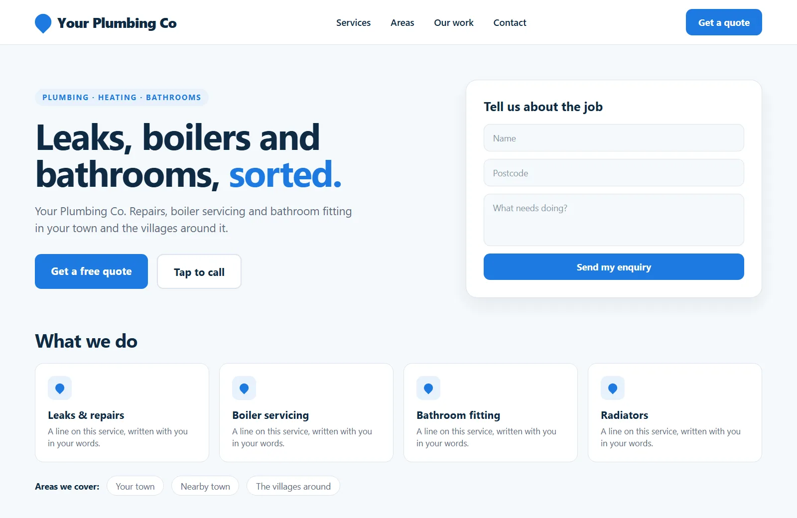Example layout of a plumbing website for a made-up company, Your Plumbing Co, with a quote button, services and areas covered