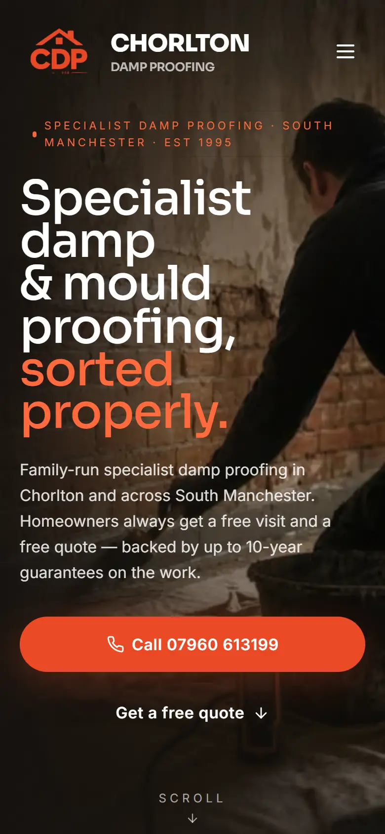 Chorlton Damp Proofing website on a phone, built by Aposlo Studios