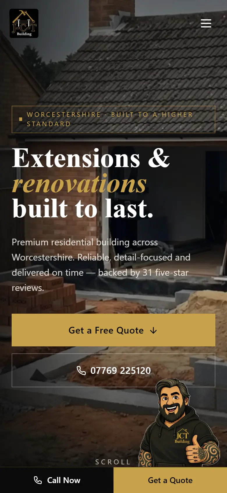 JCT Building website on a phone, built by Aposlo Studios
