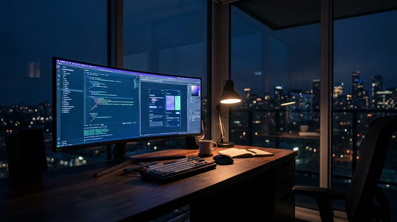 The Aposlo Studios workspace — MacBook, notebook and coffee on a designer's desk