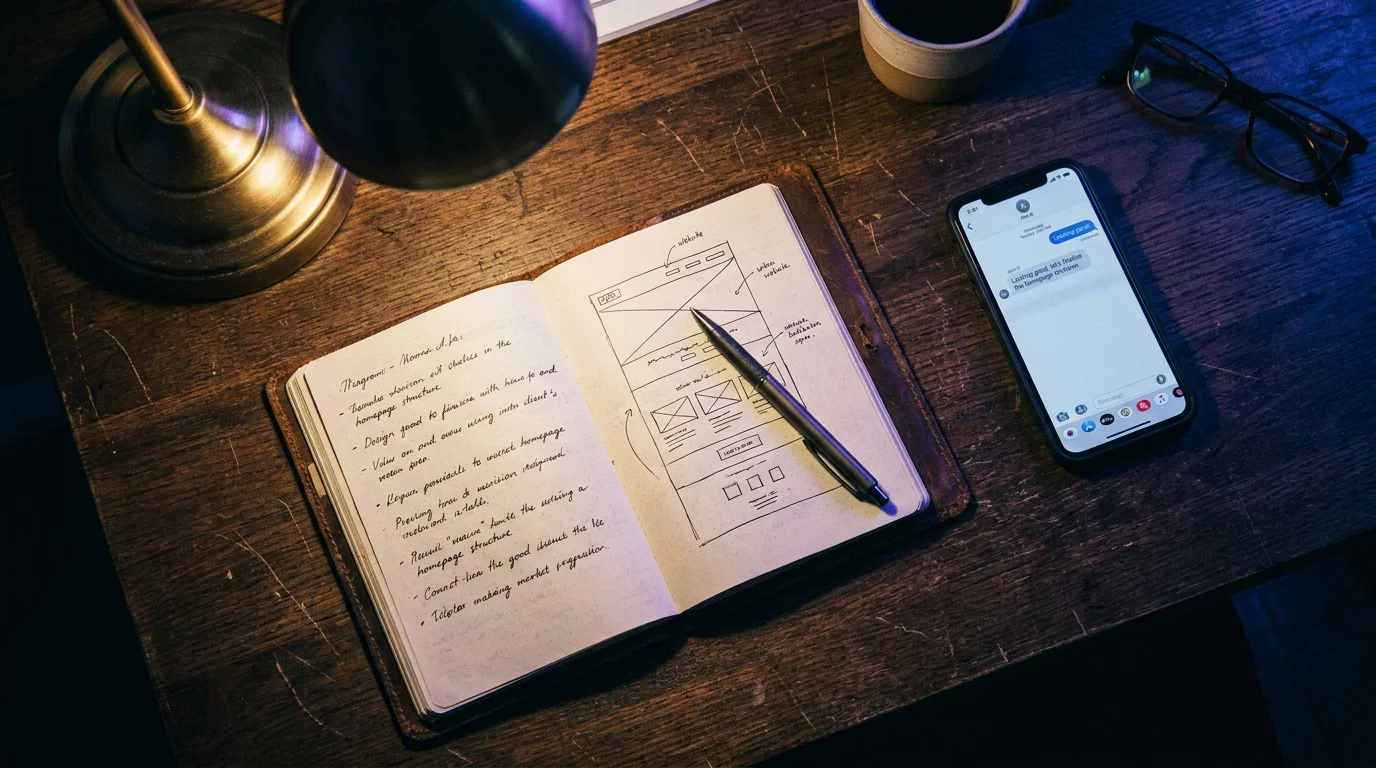 Notebook with website planning sketches