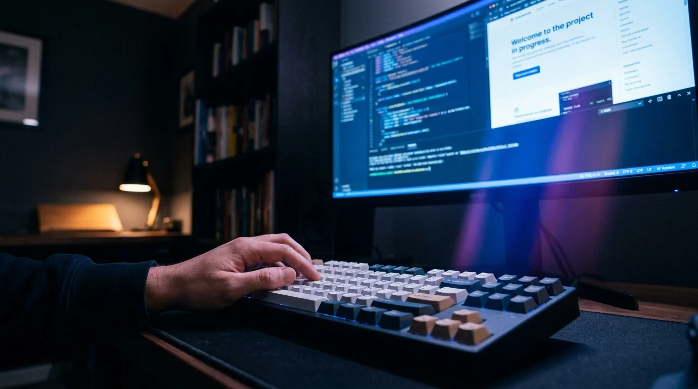 Hands typing on a keyboard, building a website